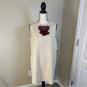 NWT Cream Twill Tunic Pocket Dress with Beaded Pearl Accents